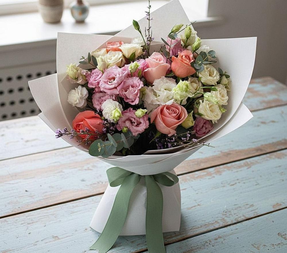 Букет цветов из: Розы, Лизиантусы и Гвоздики в Аверьяновке