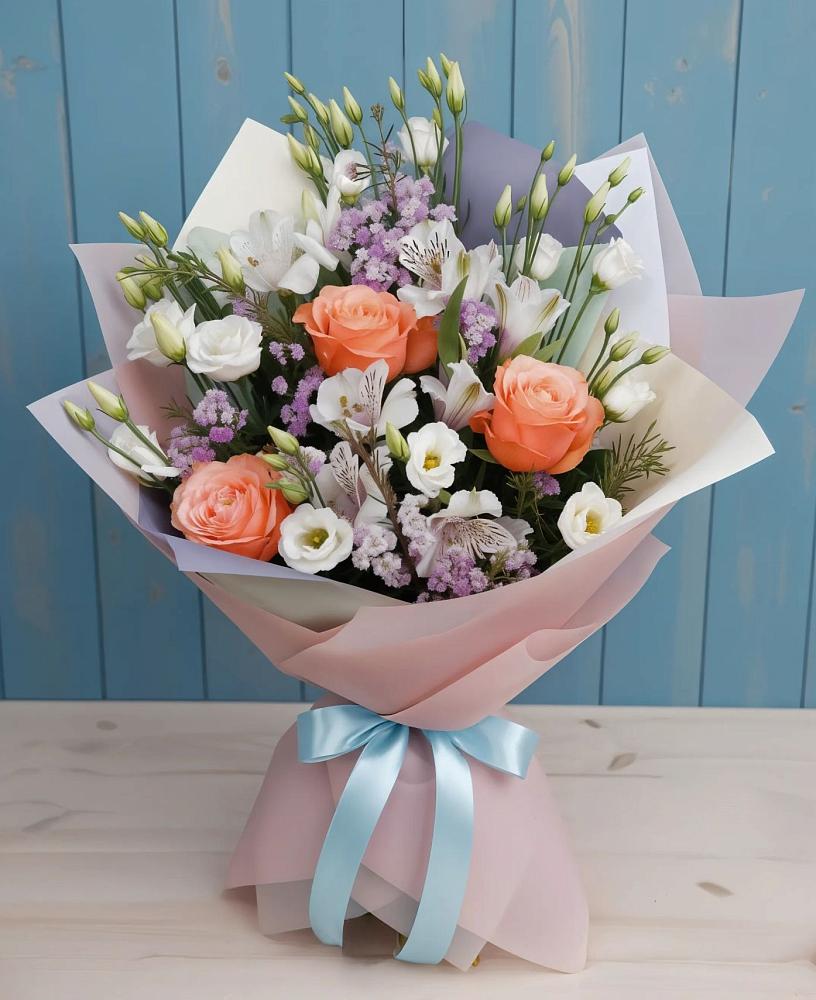 Букет цветов из: Лизиантусы, Розы, Альстромерии и Гипсофила в Аверьяновке