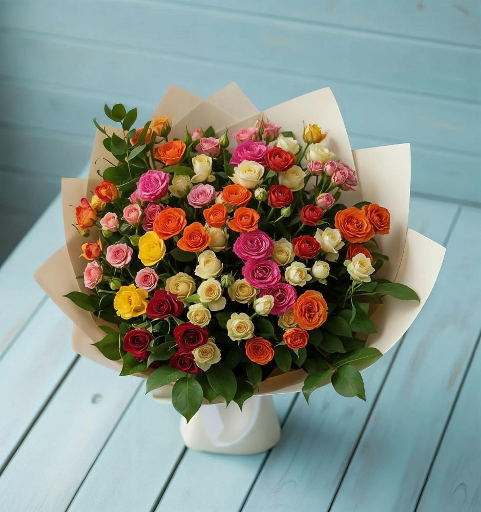 Букет Микс из разноцветных кустовых роз в Аверьяновке