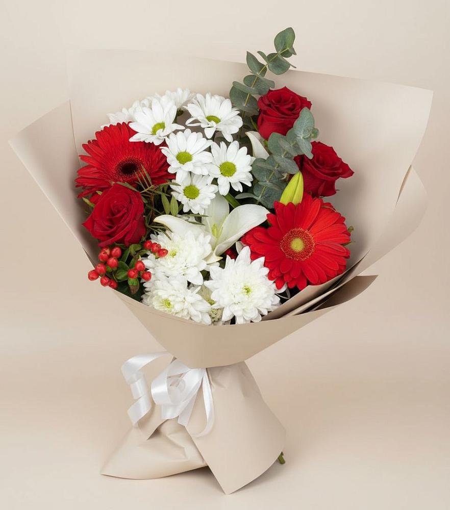 Букет цветов из: Розы, Хризантемы, Герберы и Лилии в Аверьяновке